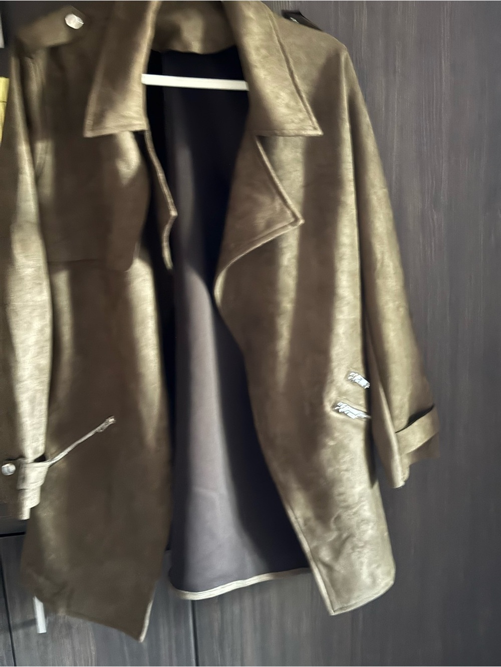 Olive Green Faux-Leather Trench Jacket - Women
